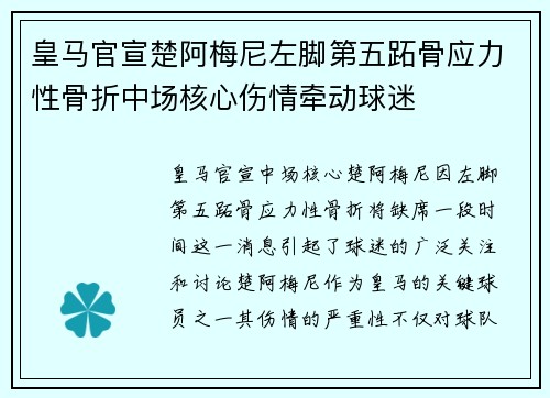 皇马官宣楚阿梅尼左脚第五跖骨应力性骨折中场核心伤情牵动球迷